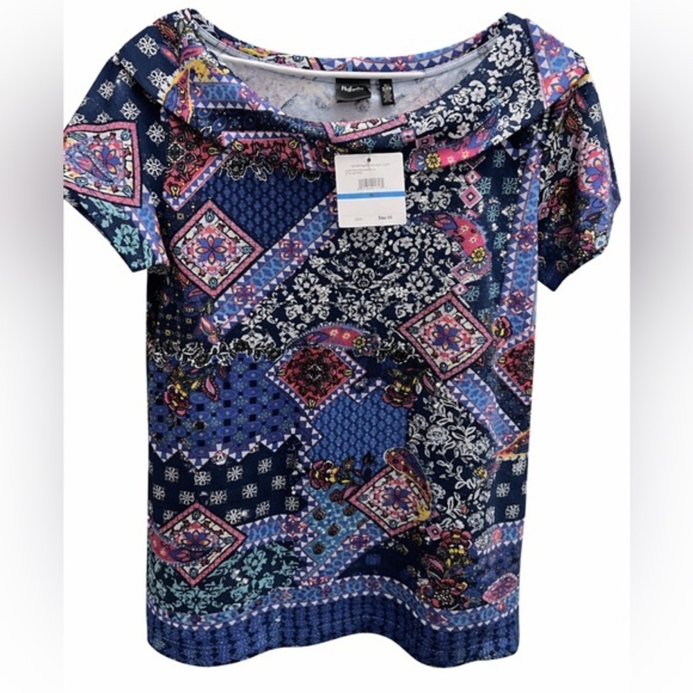 NWT Rafaella Blue Patchwork Print Short Sleeve Top XL Originally $44